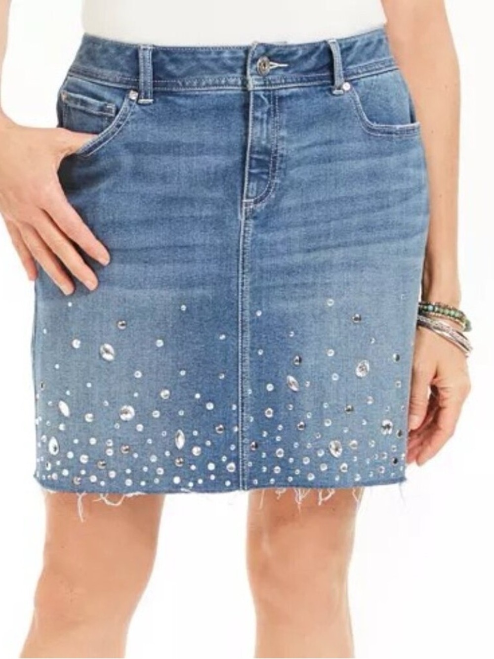 NWT INC International Concepts embellished Rhinestones Denim skirt 10 festival